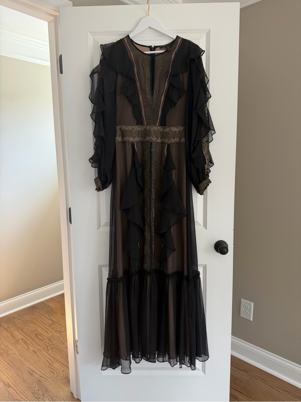BCBGMaxAzria Black Ruffled Sheer Maxi Dress with Metallic Trim